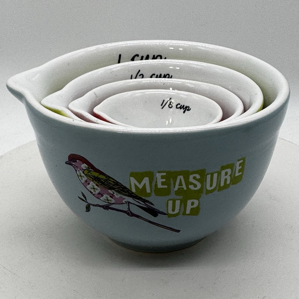 Anthropologie 4 Measure Up Nesting Measuring Cups Mixing Bowl Shape Ceramic Bird